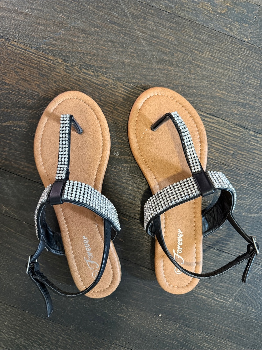 Forever 21 Tan & Black Rhinestone T-Strap Sandals